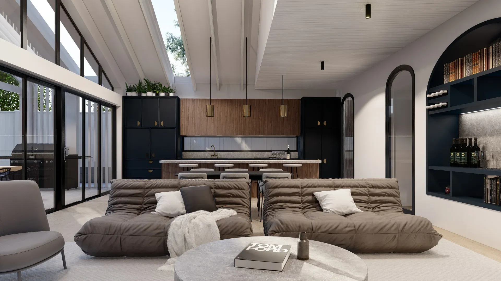 3D visualisation of a contemporary open-plan living and kitchen space