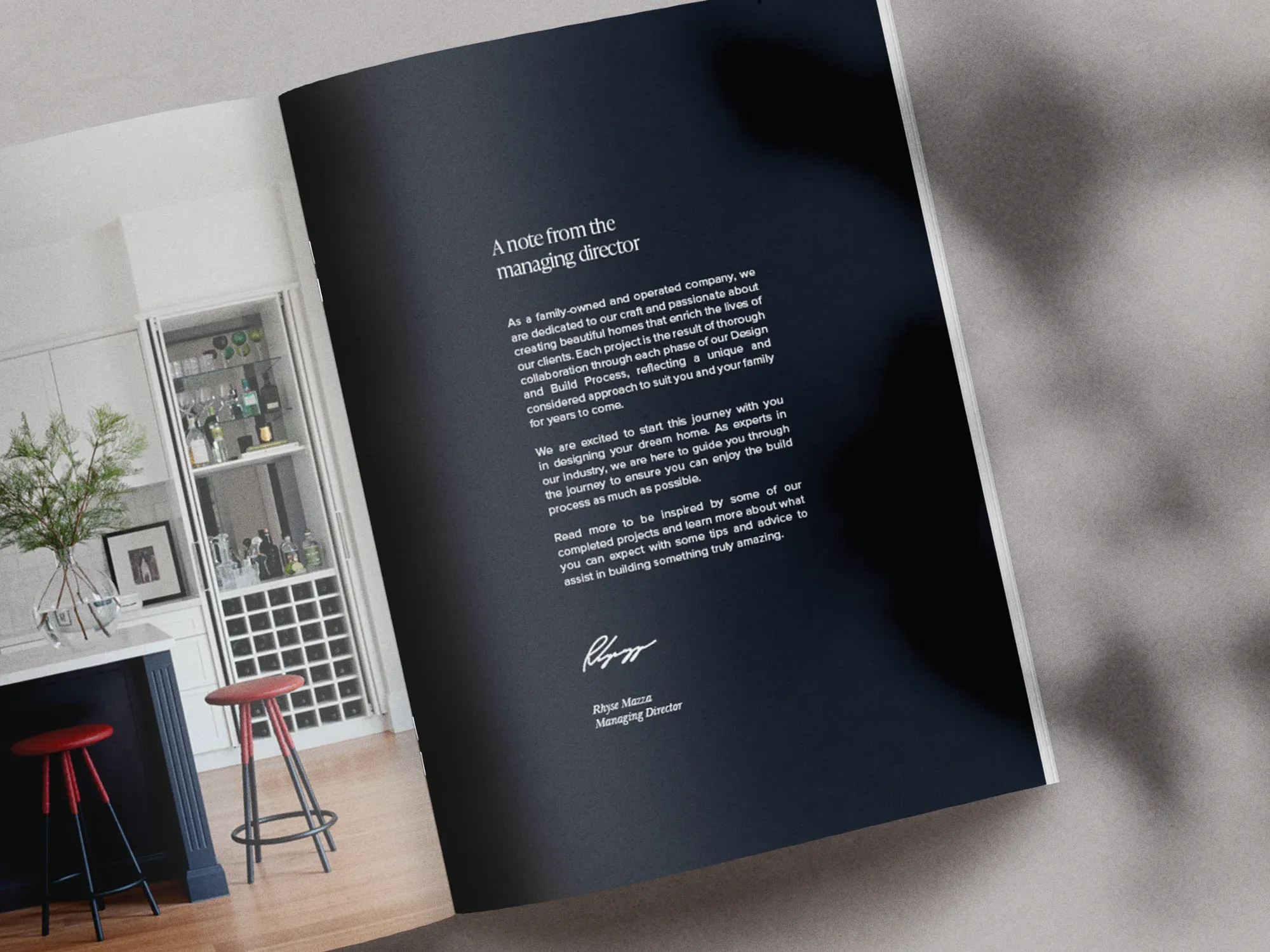 Printed brochure spread, a note from the managing director