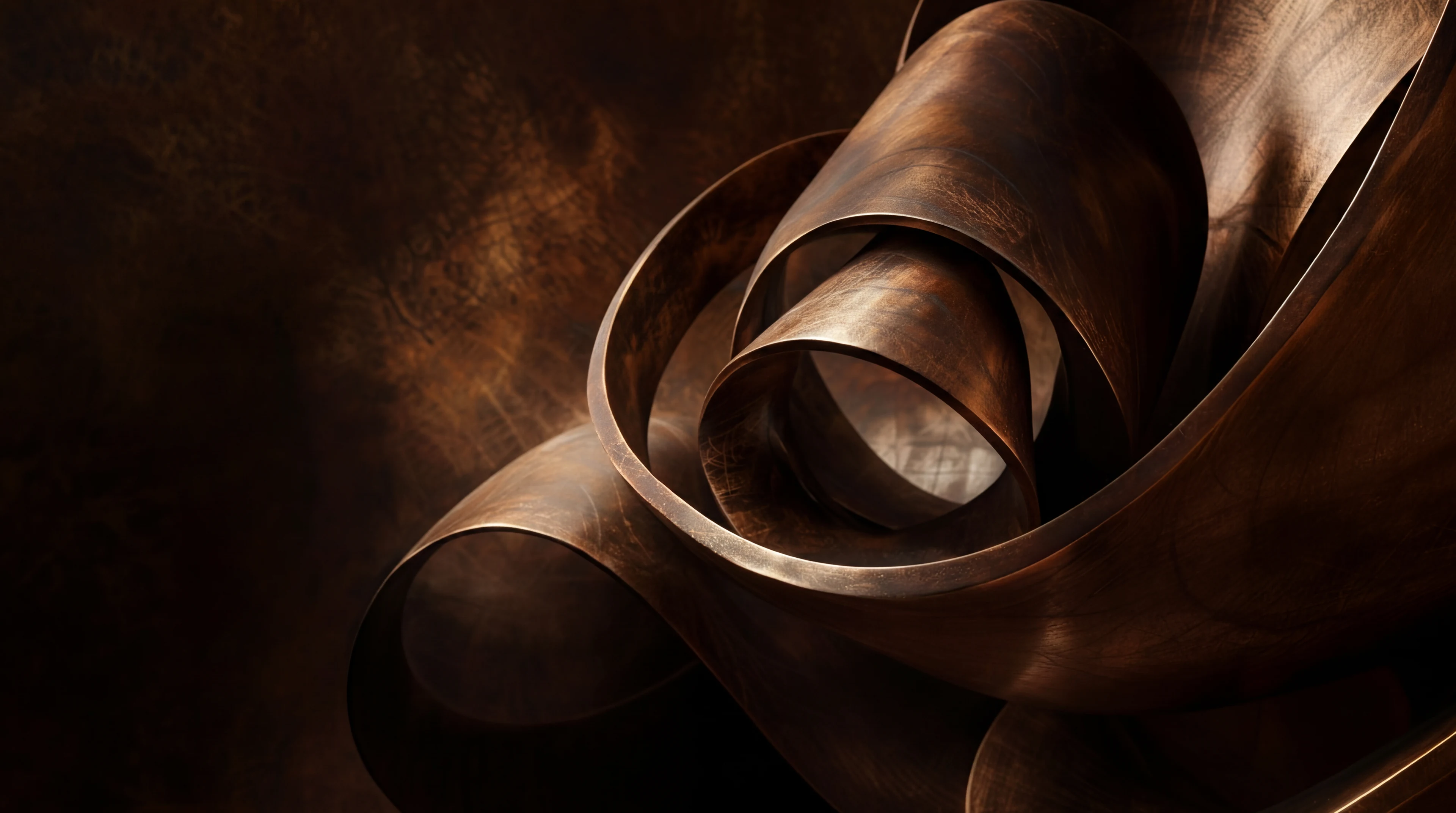 Bronze ribbon sculpture coiling into itself
