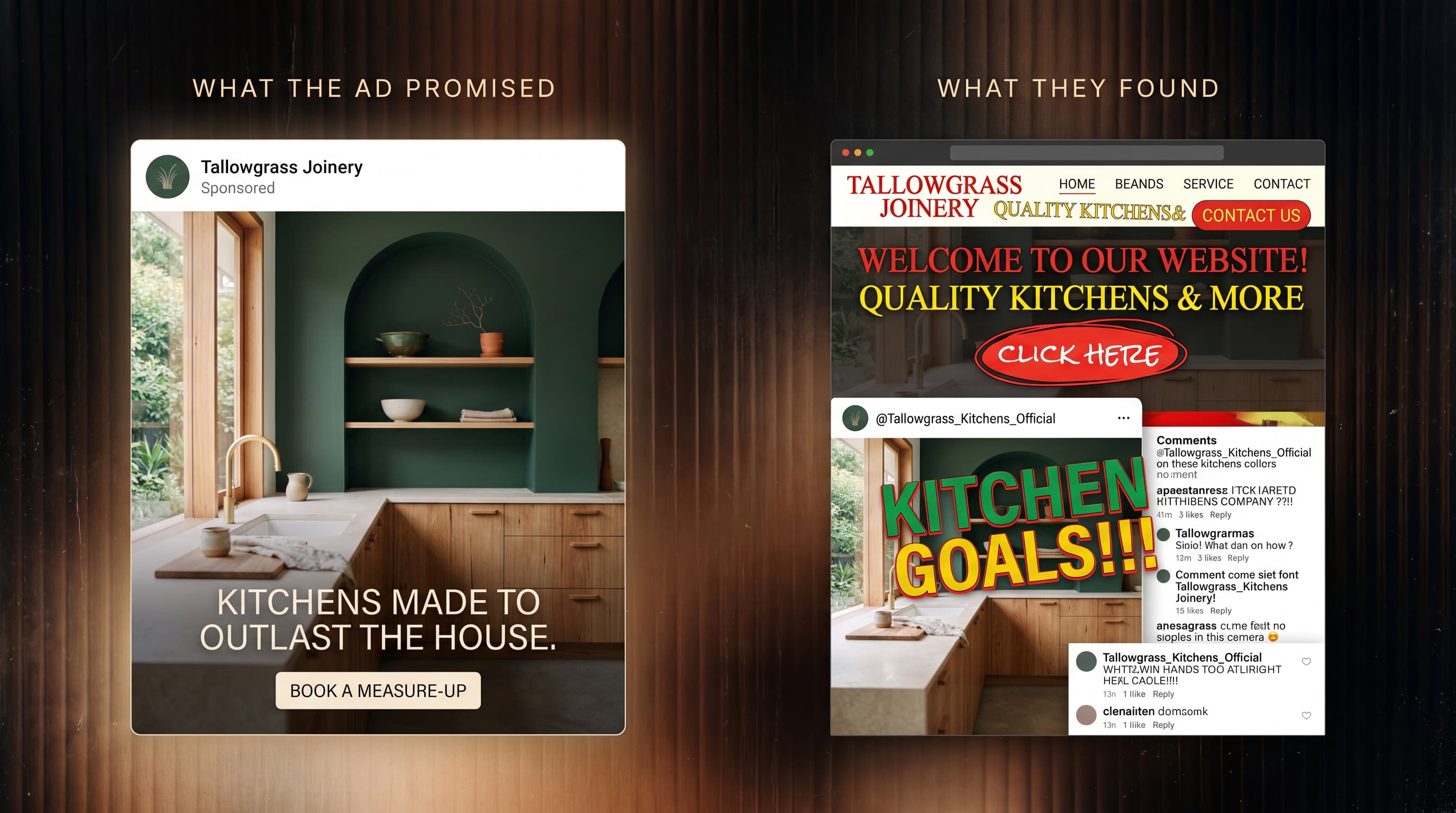 An Escher Group infographic showing a nicely designed ad on the left with a poorly designed website on the right showing that a good ad that leads to a poor website will not get sales.
