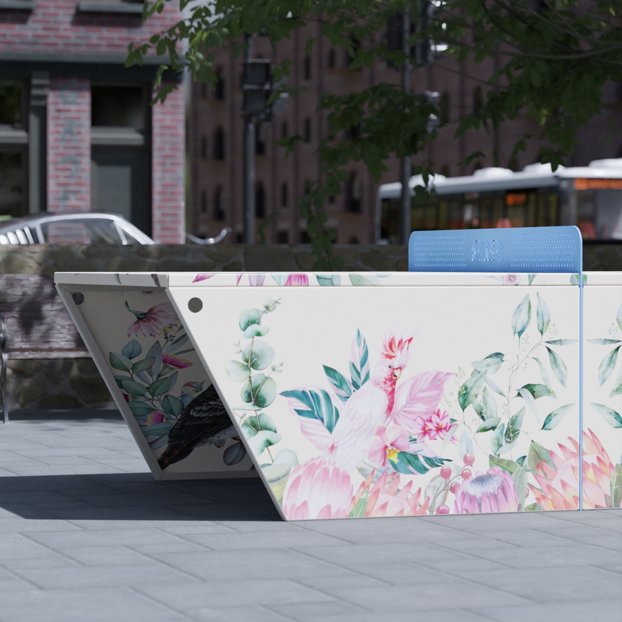 3D Render of a PONGO Canvas table with a pretty design painted onto it