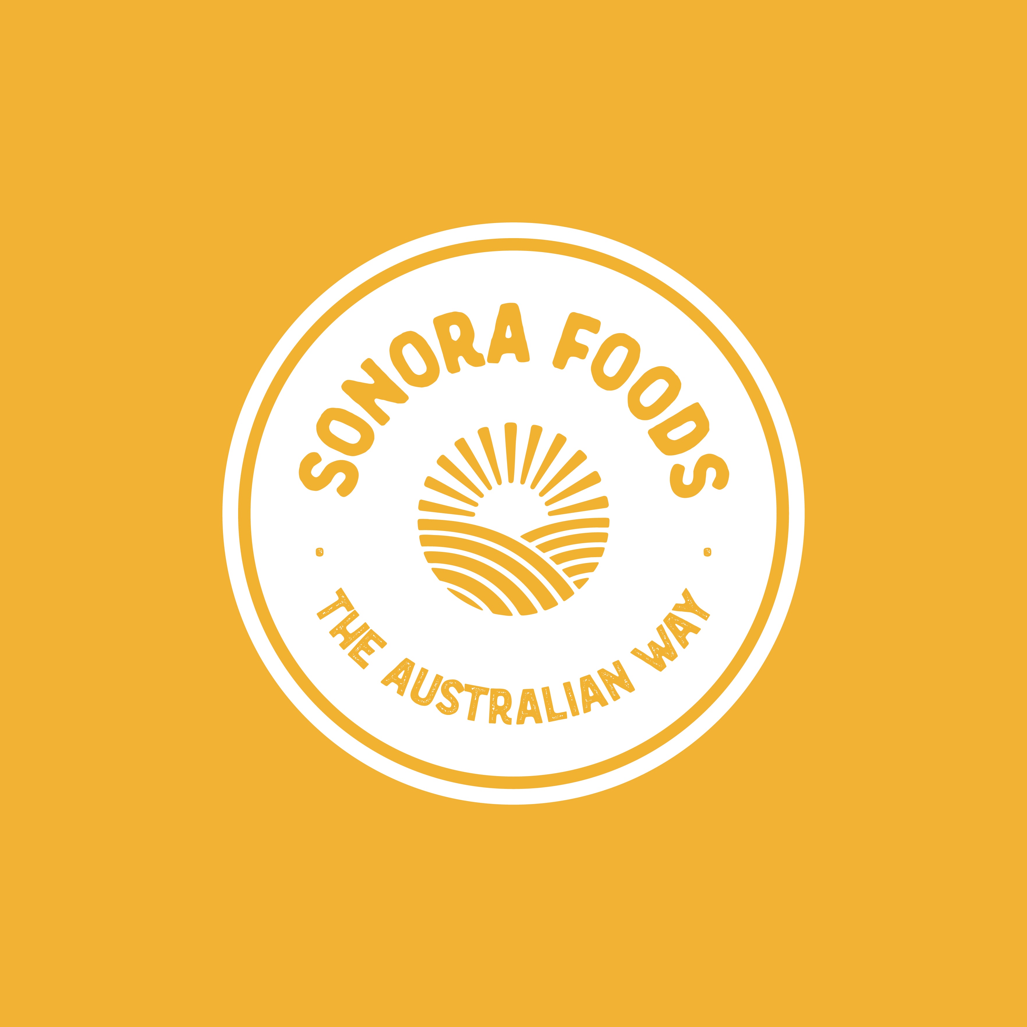 Sonora Foods Inverted White Logo on Corn Yellow Background
