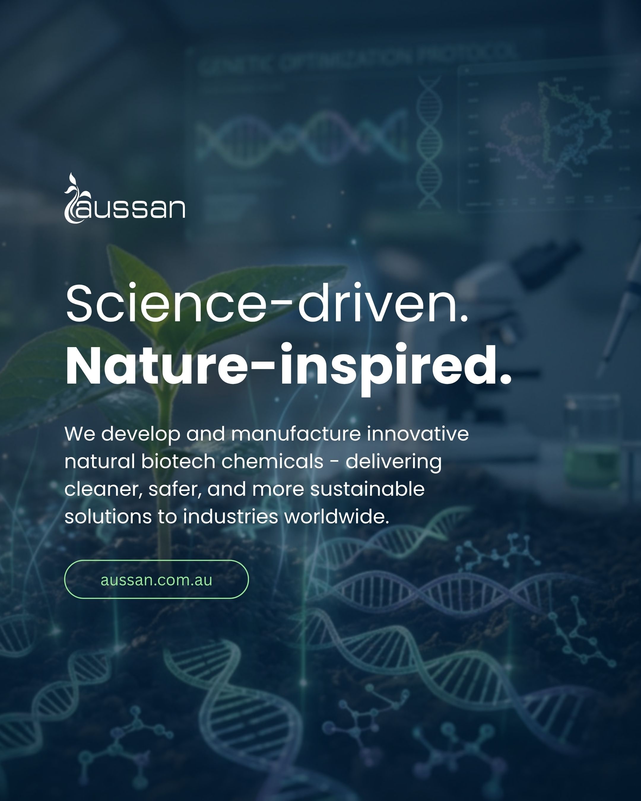 A post reading "Science-driven. Nature-inspired." over DNA imagery