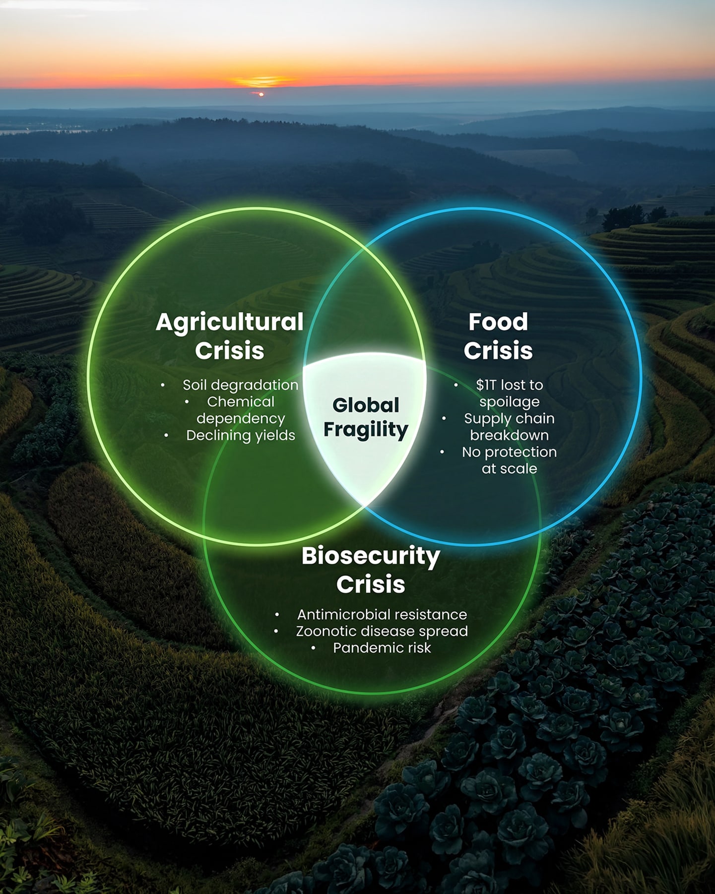 A diagram showing the agricultural, food and biosecurity crises overlapping into global fragility