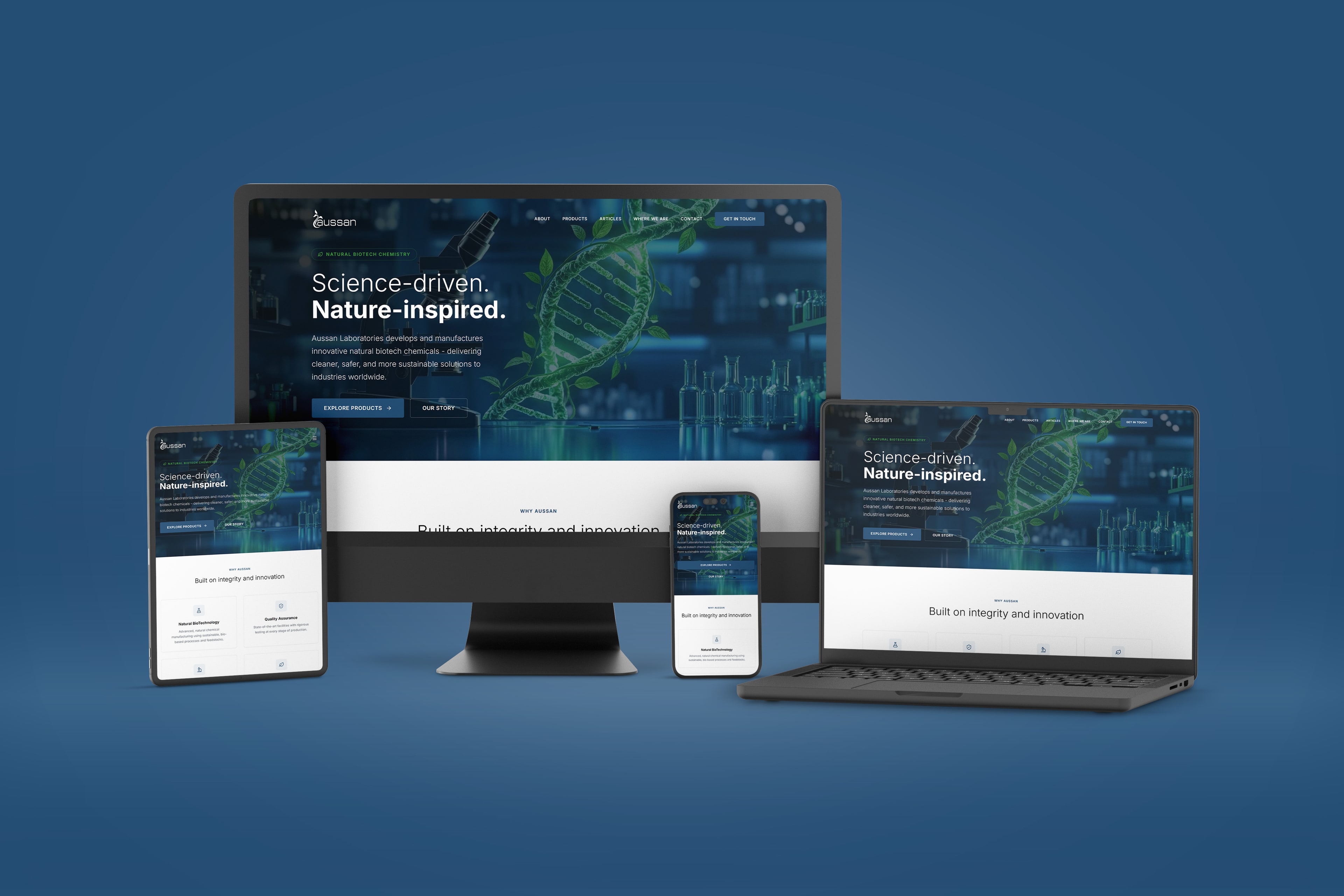 The Aussan website across desktop, tablet and mobile, showing "Science-driven. Nature-inspired."