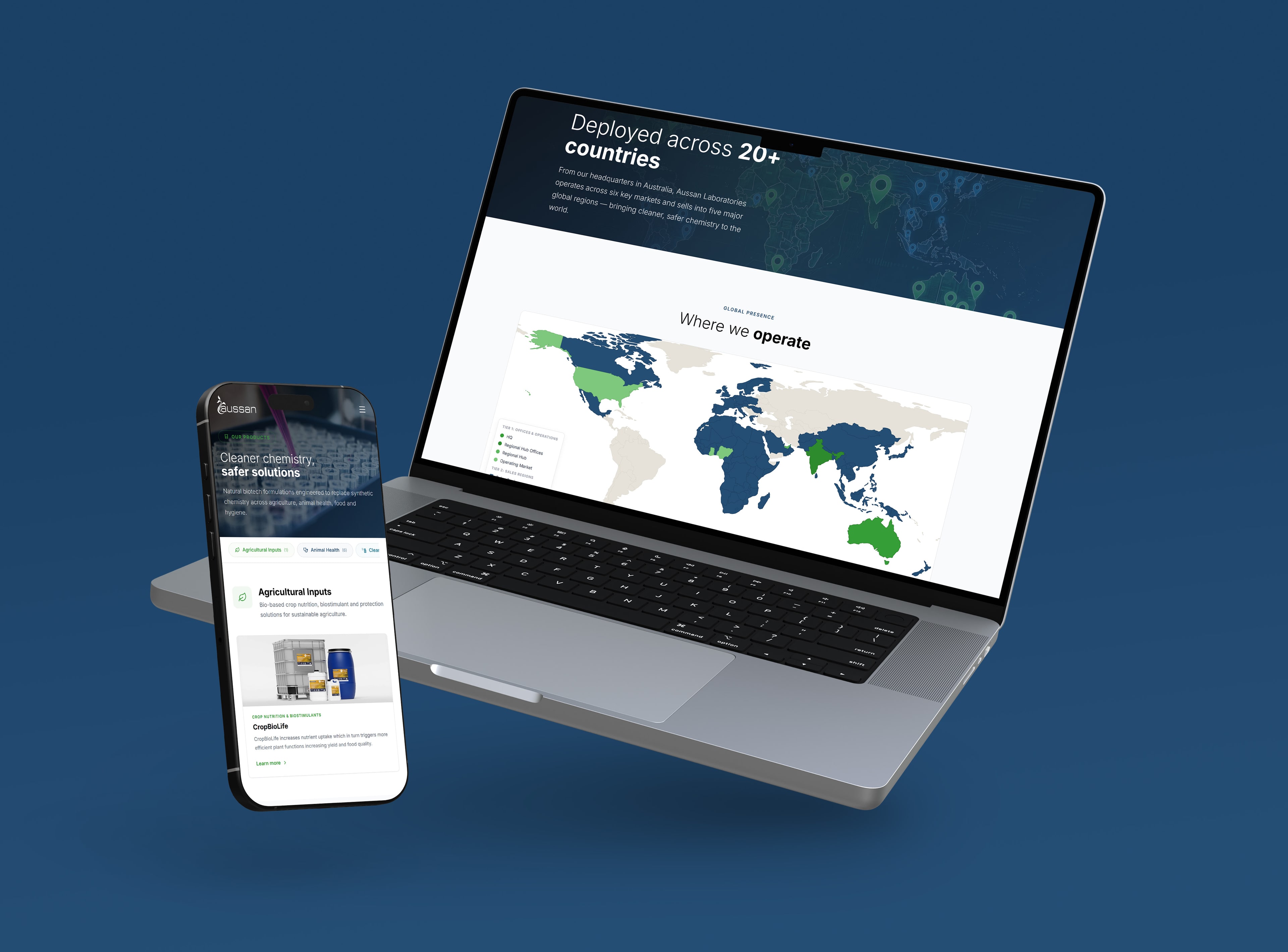The Aussan website on a laptop and phone, showing the countries they operate in