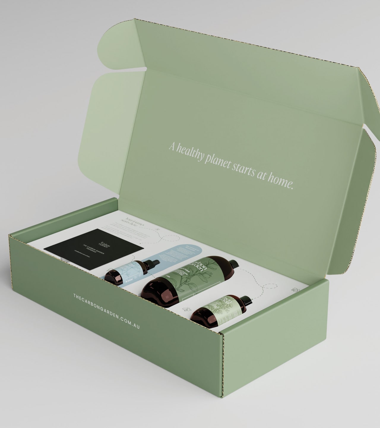 Mailer box printed with “A healthy planet starts at home”