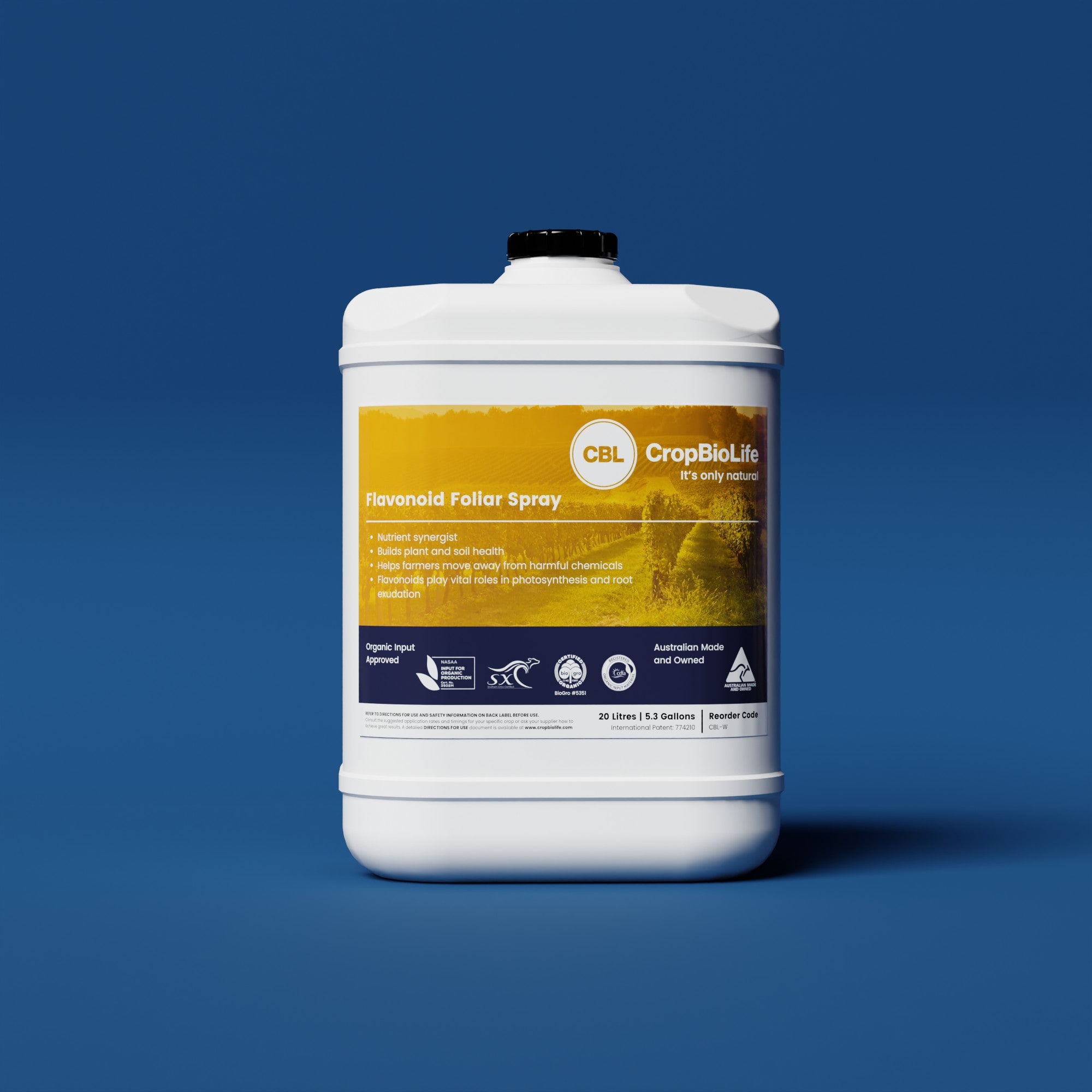 CropBioLife 20 litre container showing the flavonoid foliar spray label