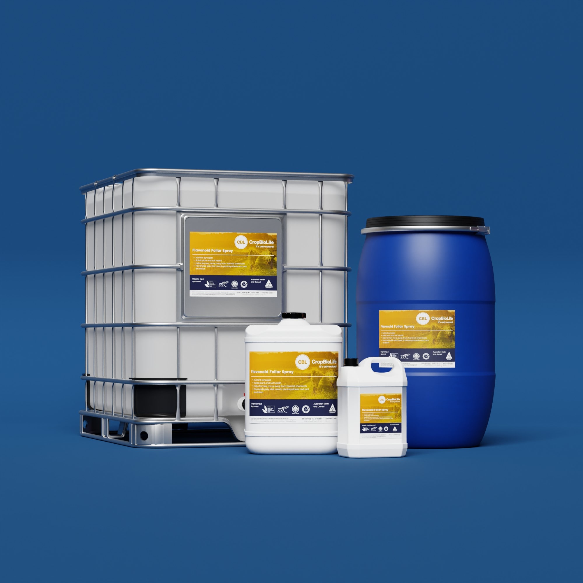 The CropBioLife container range: 1000 litre, 200 litre, 20 litre and 5 litre