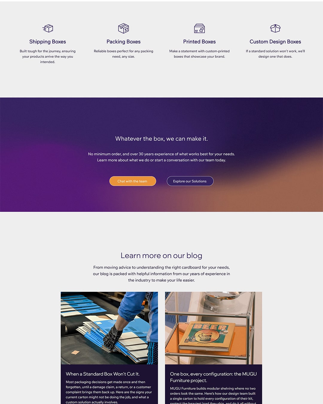 The rebuilt Imperial Cartons website, a solutions page