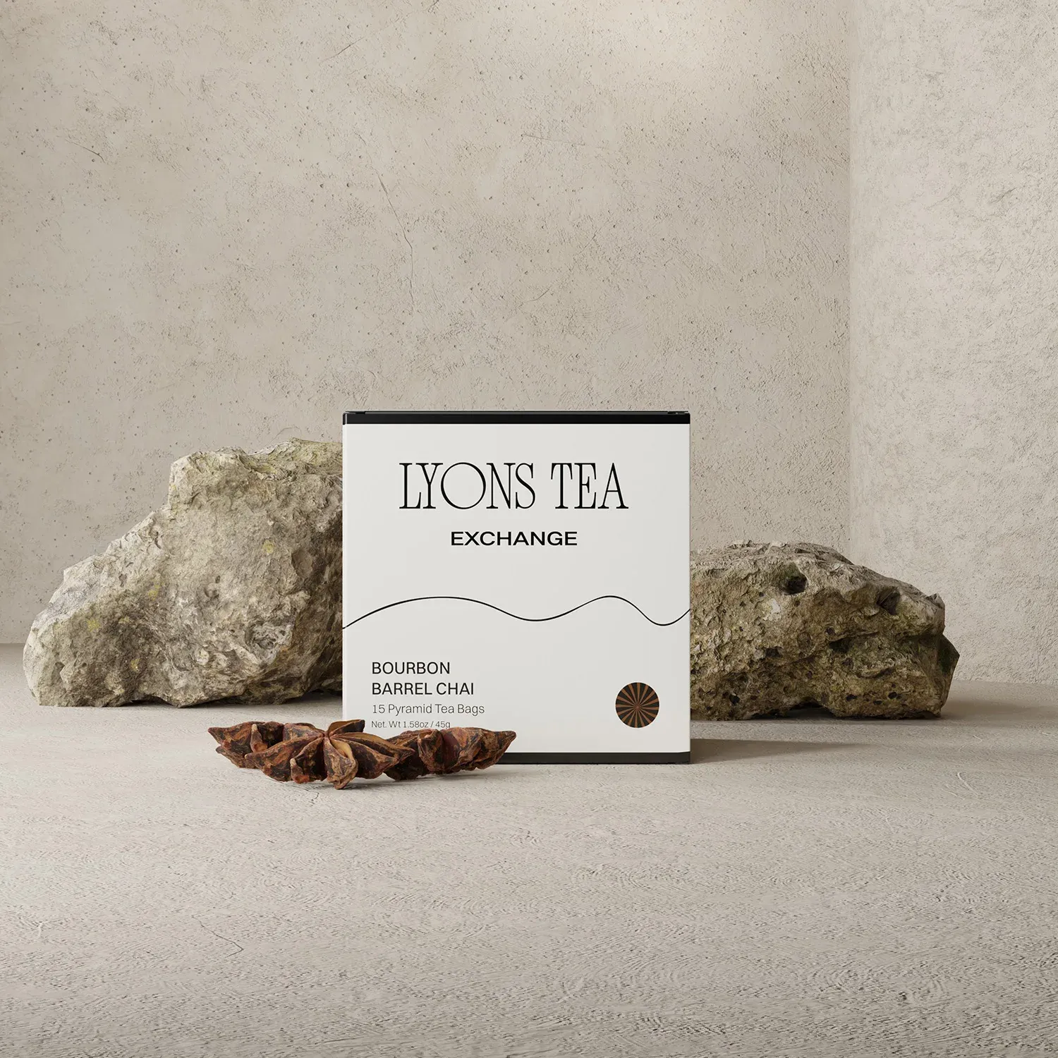 Bourbon Barrel Chai packaging on stone