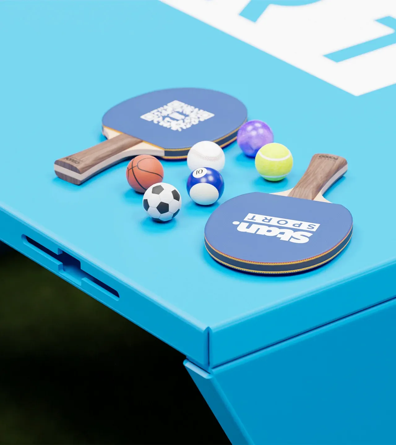 PONGO table detail with bats and balls
