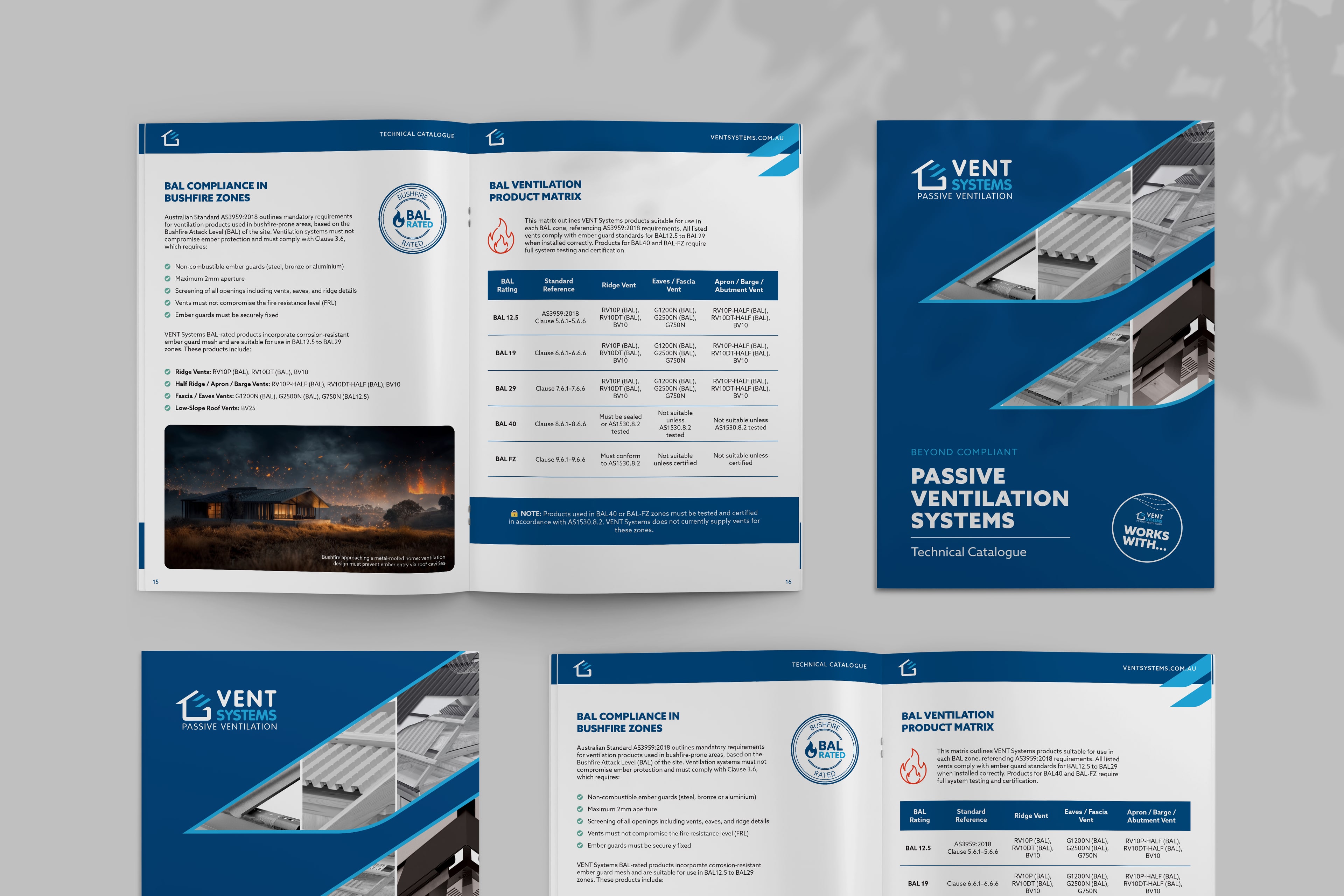 The VENT Systems technical catalogue, open at the bushfire compliance pages
